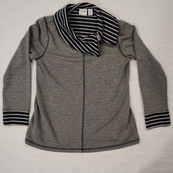 Weekend by Chico's Striped Collar Top Sz 0 (S/M) Cowl Neck Gray Blue Long Sleeve - Picture 4 of 16